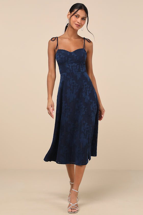 Loveliest Looks Black Floral Jacquard Tie-Strap Midi Dress #Color_Navy Blue
