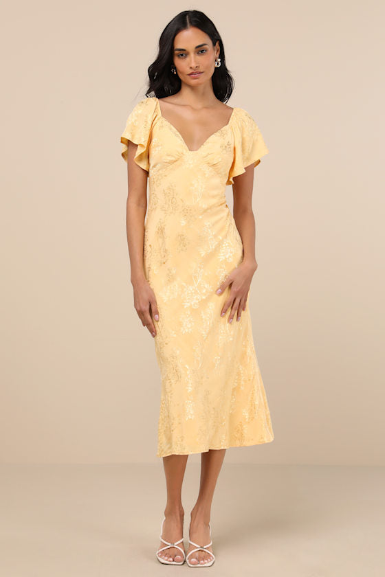 Effervescent Afternoon Slate Satin Flutter Sleeve Midi Dress #Color_Yellow