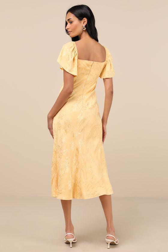 Effervescent Afternoon Slate Satin Flutter Sleeve Midi Dress