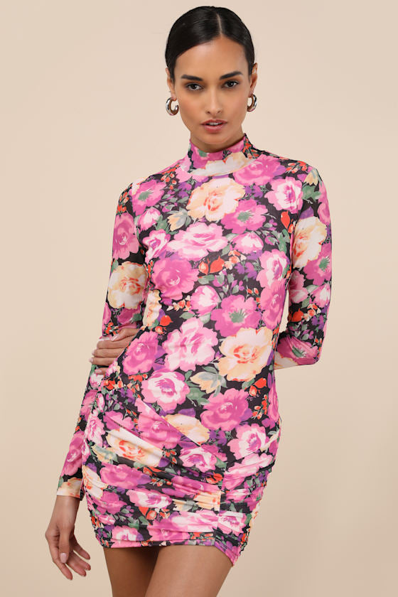 Prettiest Energy Ivory Multi Floral Mesh Long Sleeve Mini Dress #Color_Pink Multi Floral