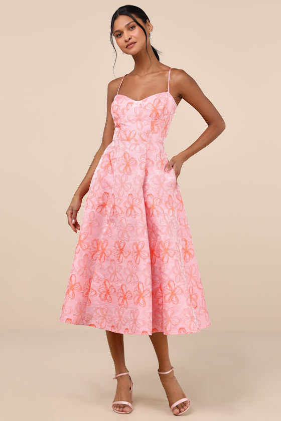 Meet for Tea White Jacquard Bustier Midi Dress With Pockets #Color_Pink