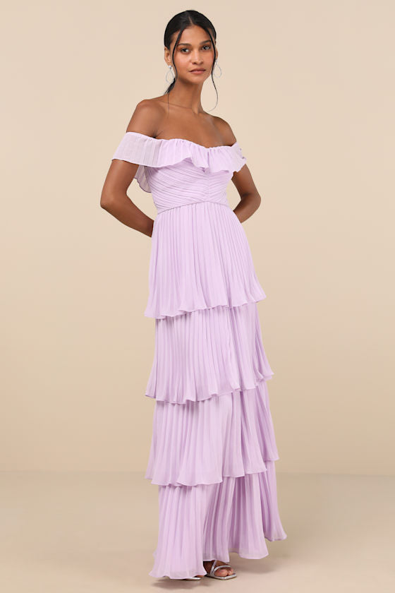 Always Remarkable Emerald Pleated Off-the-Shoulder Maxi Dress #Color_Lavender