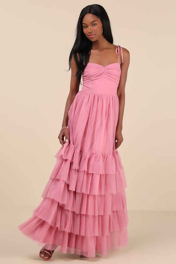 Endlessly Darling Light Blue Mesh Tiered Tie-Strap Maxi Dress #Color_Dusty Rose