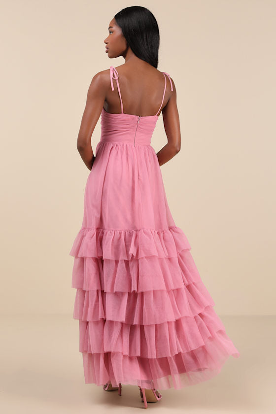 Endlessly Darling Dusty Rose Mesh Tiered Tie-Strap Maxi Dress #Color_Dusty Rose