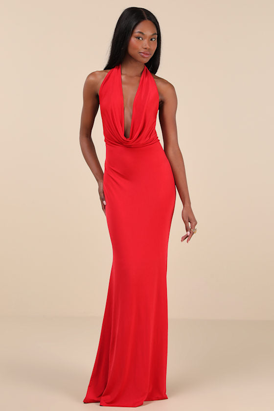 Eye-Catching Silhouette Dark Brown Cowl Neck Halter Maxi Dress #Color_Red