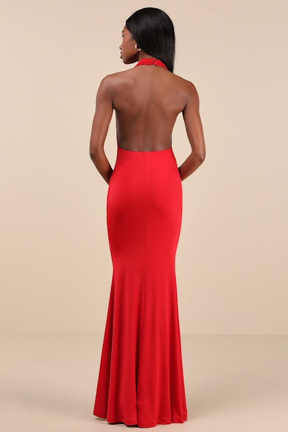 Eye-Catching Silhouette Dark Brown Cowl Neck Halter Maxi Dress