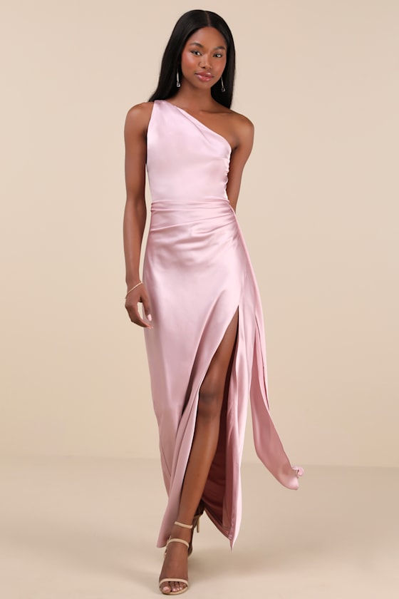 Signature Elegance Slate Blue Satin One-Shoulder Maxi Dress #Color_Dusty Lavender