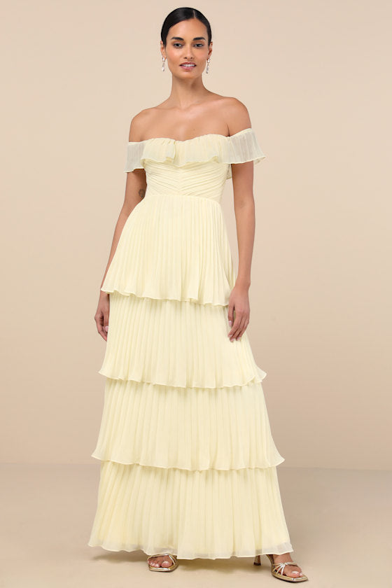 Always Remarkable Black Pleated Off-the-Shoulder Maxi Dress #Color_Pale Yellow