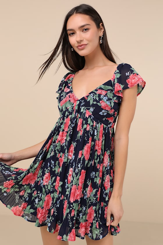 Amalfi Coast White Pleated Flutter Sleeve Mini Dress #Color_Dark Navy Floral
