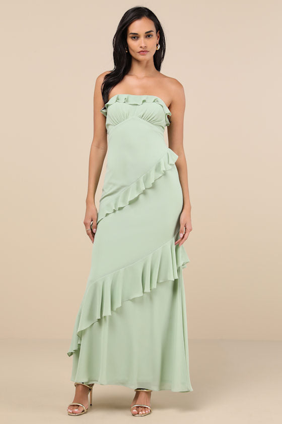 Dramatic Allure Black Ruffled Cutout Strapless Maxi Dress