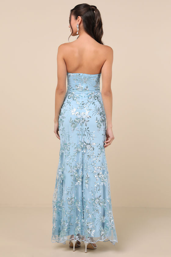 Confident Sensation Cobalt Sequin Strapless Bustier Maxi Dress