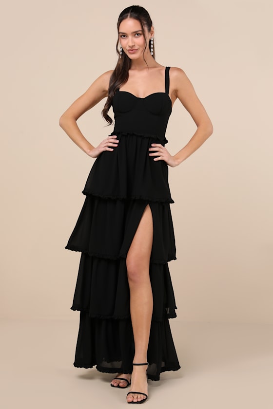 Sophisticated Occasion Navy Blue Bustier Lace-Up Maxi Dress #Color_Black