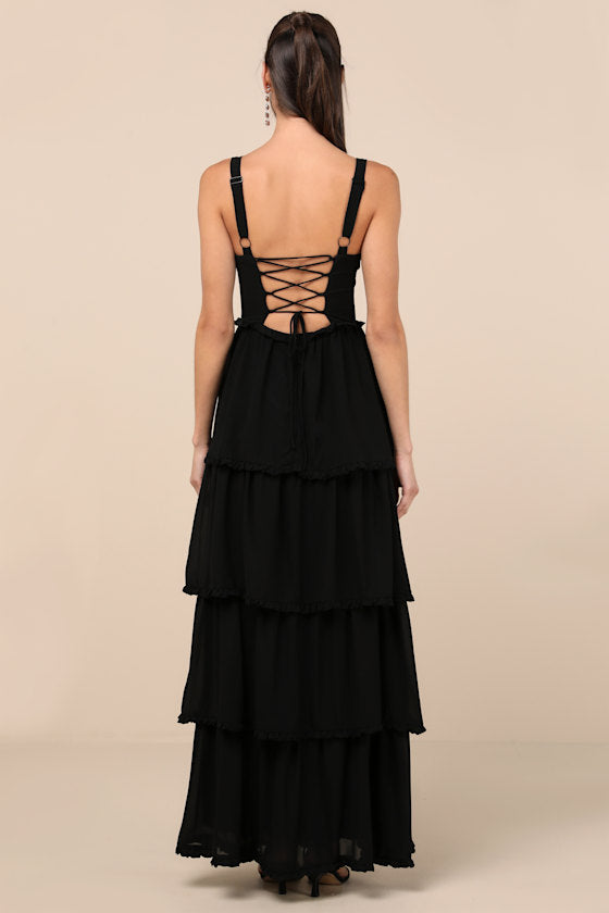 Sophisticated Occasion Navy Blue Bustier Lace-Up Maxi Dress