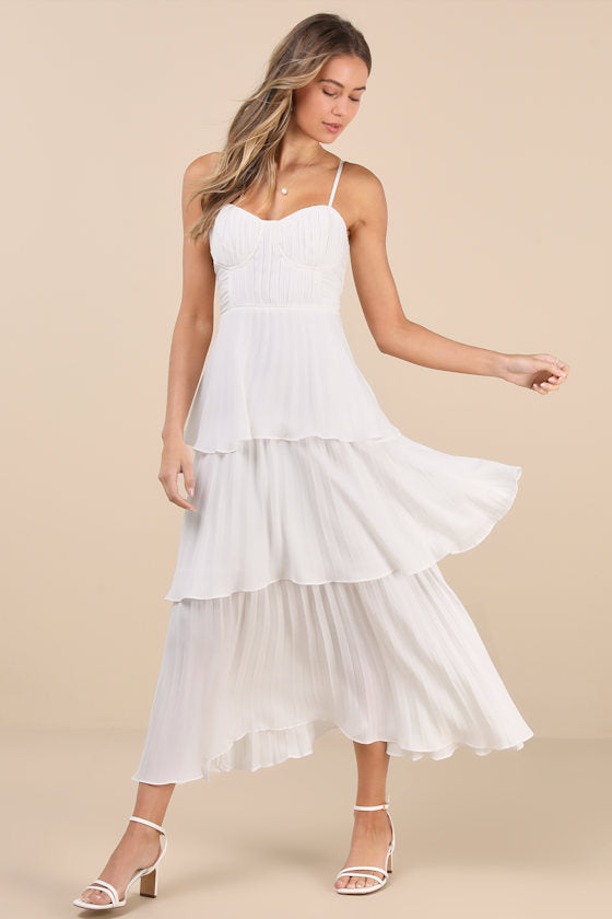 Cascading Crush Ivory Floral Print Tiered Bustier Midi Dress