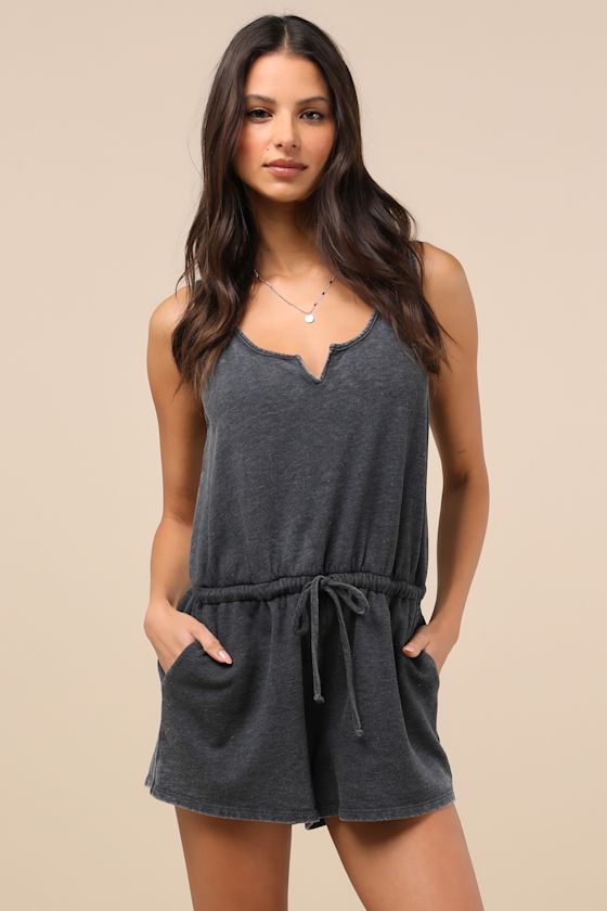 Perfect Lazy Day Sage Green Sleeveless Drawstring Lounge Romper
