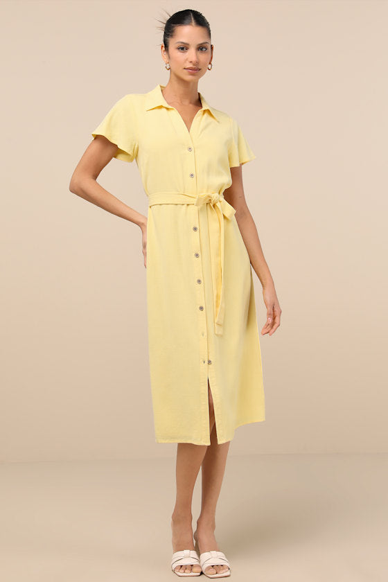 Italian Summer Beige Linen Midi Dress #Color_Light Yellow