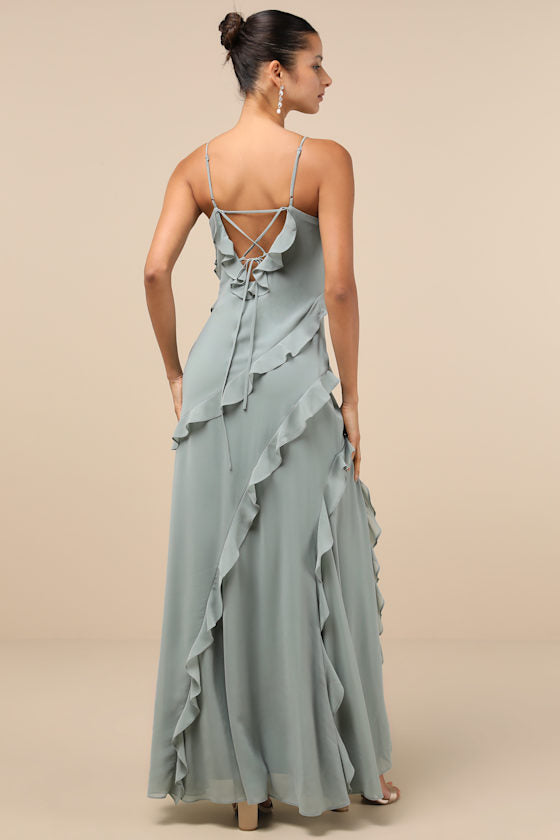 Fancy Sweetness Wine Red Ruffled Lace-Up Sleeveless Maxi Dress