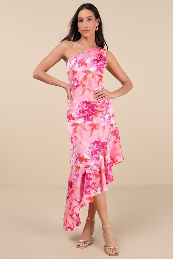 Divinely Blooming Blue Multi Floral One-Shoulder Midi Dress