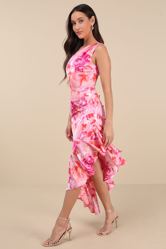 Divinely Blooming Blue Multi Floral One-Shoulder Midi Dress