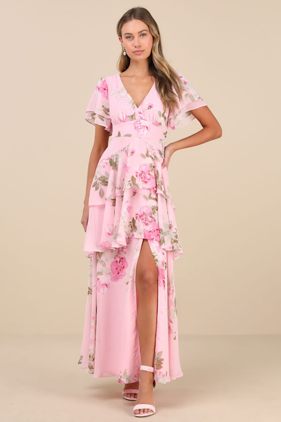 Midnight Mood Pink Floral Print Tiered Maxi Dress #Color_Pink Floral Print
