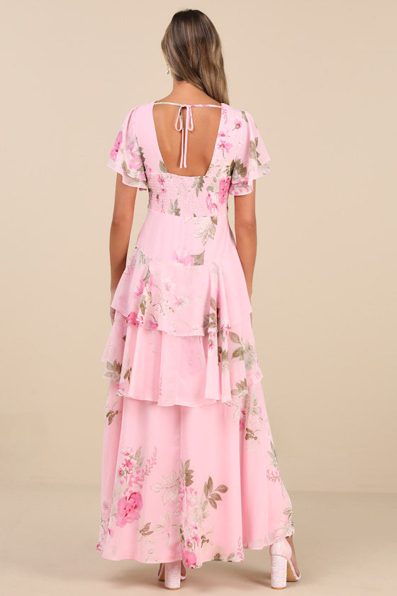 Midnight Mood Pink Floral Print Tiered Maxi Dress #Color_Pink Floral Print