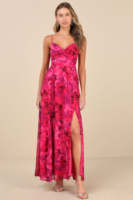 Beautiful Soul Burgundy Floral Print Twist-Front Maxi Dress #Color_Fuchsia Floral Print