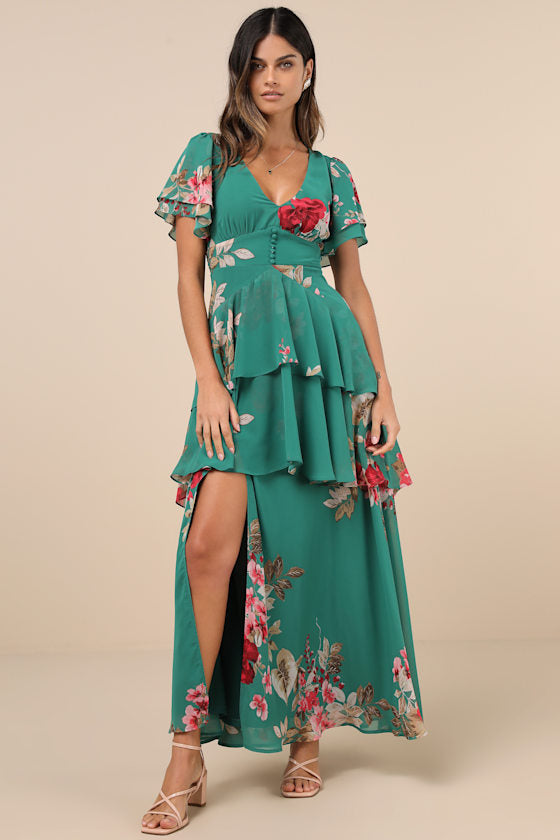 Midnight Mood Pink Floral Print Tiered Maxi Dress #Color_Teal Green Floral
