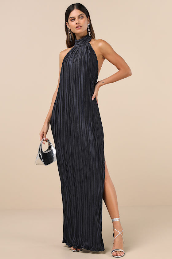 Gwenny Lime Green Satin Plisse Maxi Dress #Color_Dark Navy