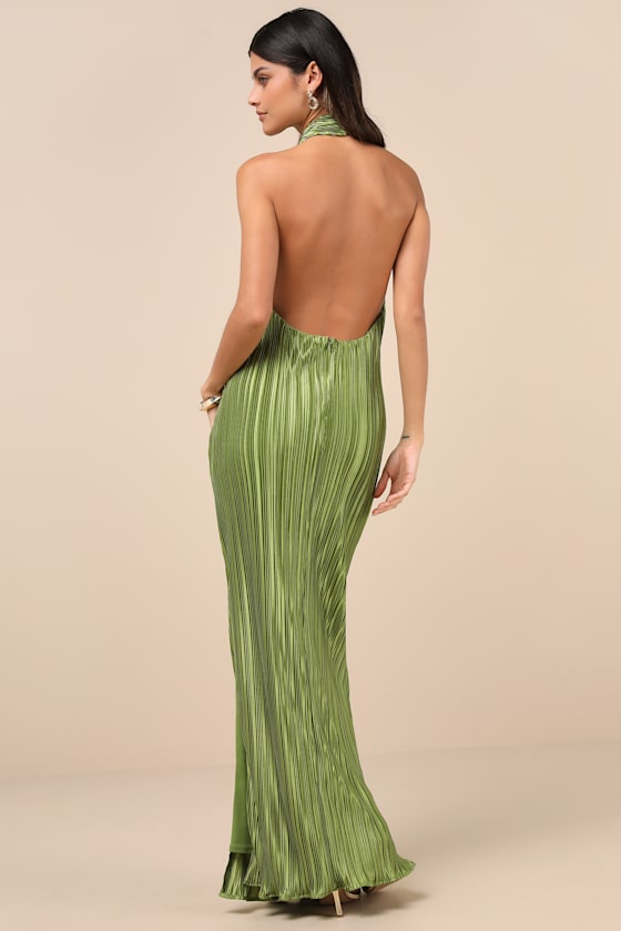 Gwenny Lime Green Satin Plisse Maxi Dress #Color_Lime Green