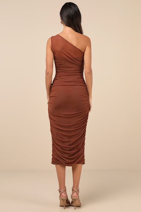 Kiden Blue Mesh Ruched One-Shoulder Midi Dress
