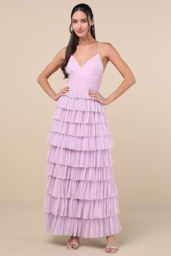 Radiant Event Black Mesh Tiered Pleated Backless Maxi Dress #Color_Lavender