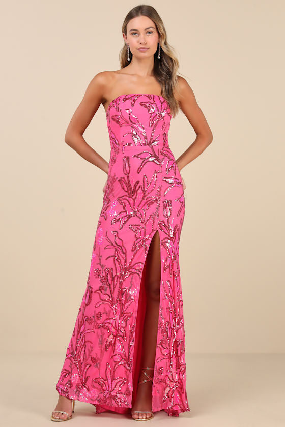 Shimmering Icon Lavender Sequin Lace-Up Strapless Maxi Dress #Color_Hot Pink