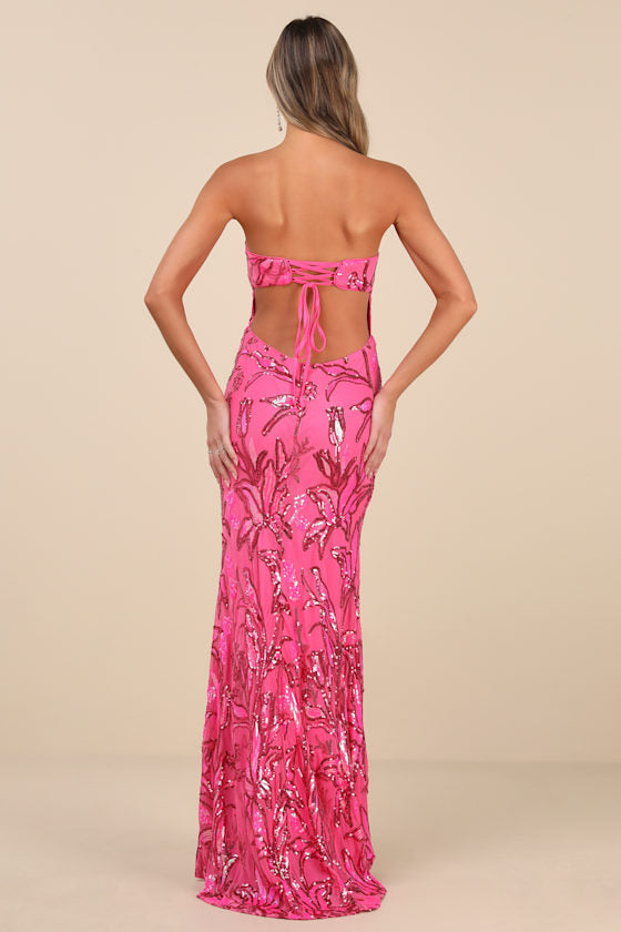 Shimmering Icon Lavender Sequin Lace-Up Strapless Maxi Dress