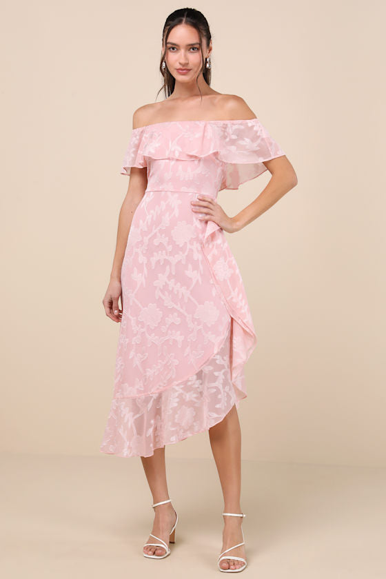 Pretty Perfect Navy Floral Burnout Off-The-Shoulder Midi Dress #Color_Blush