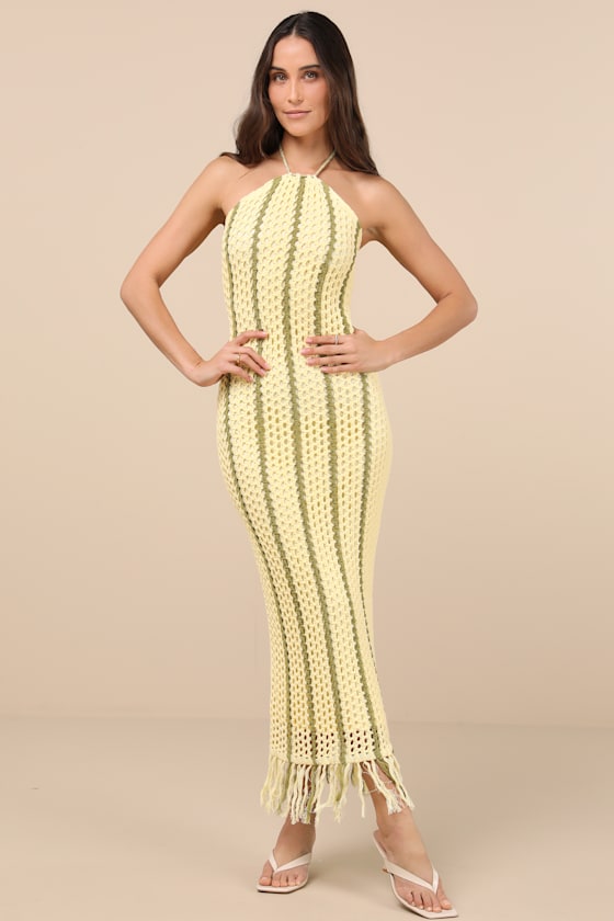 Hedia Beige Striped Crochet Halter Fringe Midi Dress