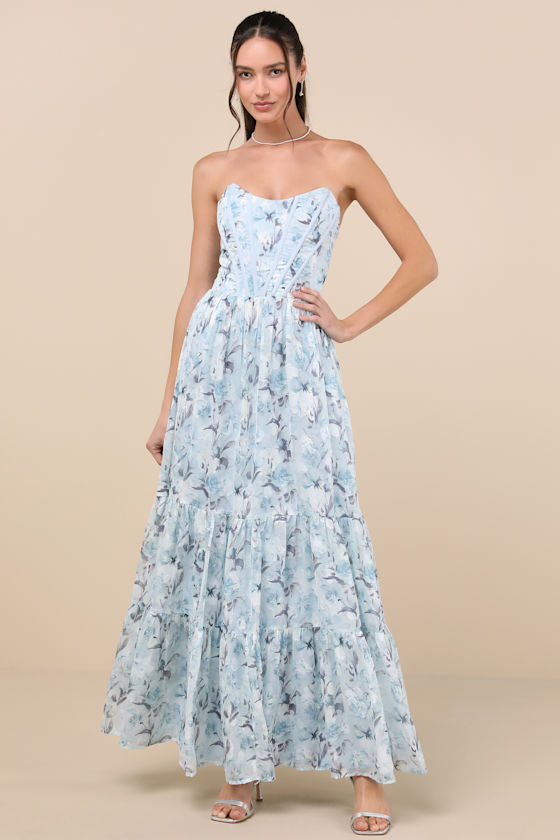 Special Moment Light Blue Floral Strapless Bustier Maxi Dress #Color_Light Blue Floral
