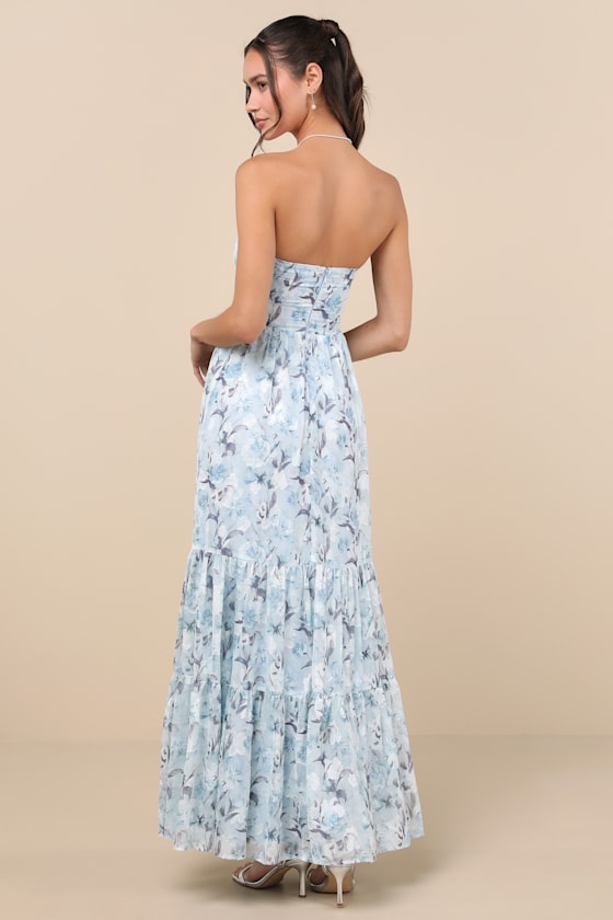 Special Moment Light Blue Floral Strapless Bustier Maxi Dress #Color_Light Blue Floral
