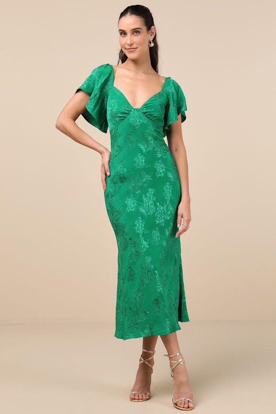 Effervescent Afternoon Slate Satin Flutter Sleeve Midi Dress #Color_Green