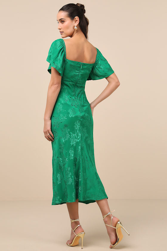 Effervescent Afternoon Slate Satin Flutter Sleeve Midi Dress