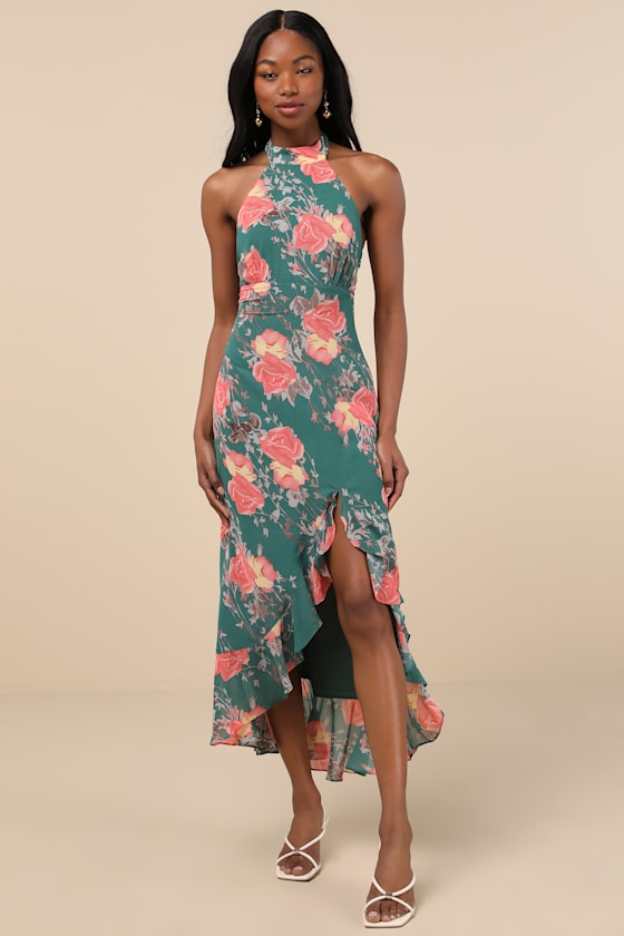 Elegant Entrance Black Floral Print Halter Maxi Dress #Color_Teal Green Floral Print