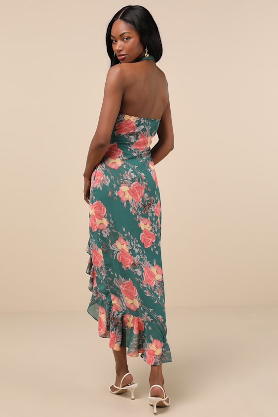 Elegant Entrance Black Floral Print Halter Maxi Dress