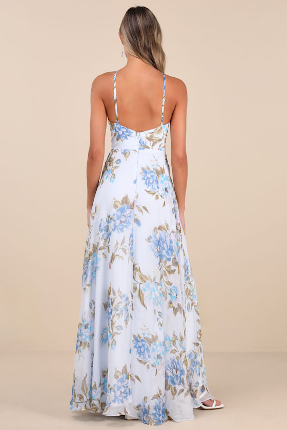 Romantic Marvel Pink Floral Print Halter Neck Maxi Dress