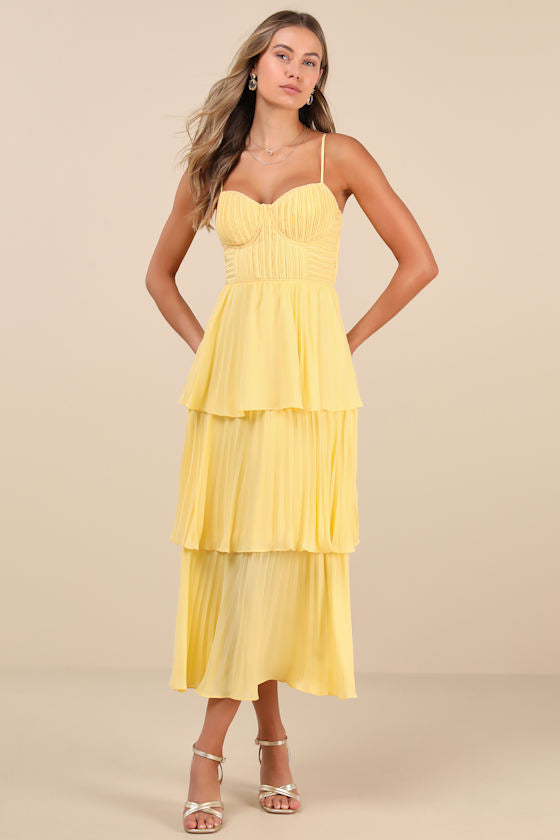 Cascading Crush Light Blue Tiered Bustier Midi Dress