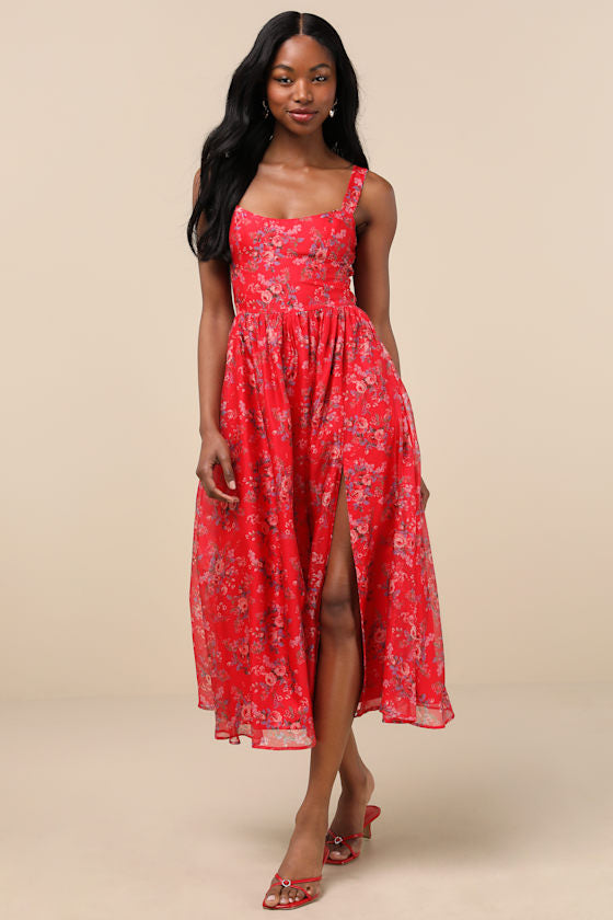 Francesca Red Floral Sleeveless Midi Dress #Color_Red Floral