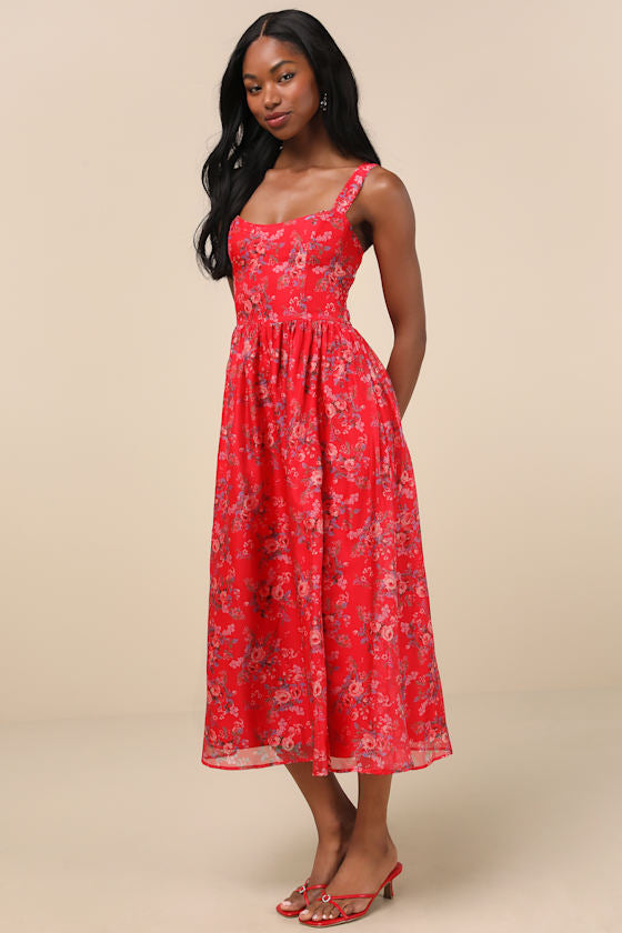Francesca Red Floral Sleeveless Midi Dress #Color_Red Floral