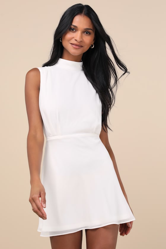 Classic Elegance White Chiffon Sleeveless Mock Neck Mini Dress #Color_White