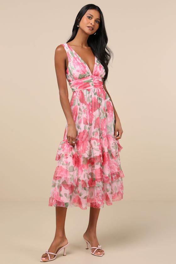 Perfectly Divine Pink Floral Tulle Tiered Ruffled Midi Dress #Color_Pink Floral