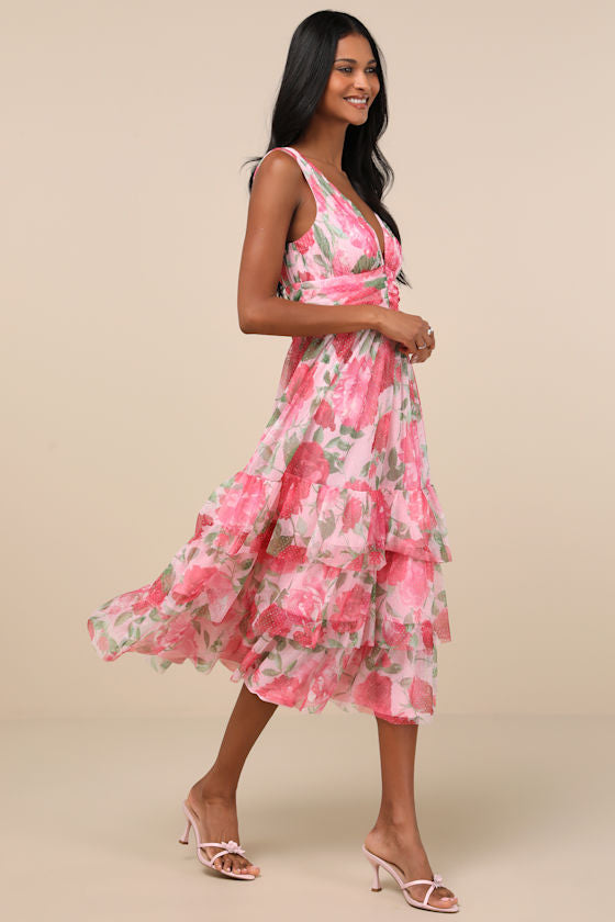 Perfectly Divine Pink Floral Tulle Tiered Ruffled Midi Dress #Color_Pink Floral