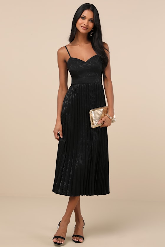 Regal Romance Emerald Floral Jacquard Pleated Satin Midi Dress #Color_Black