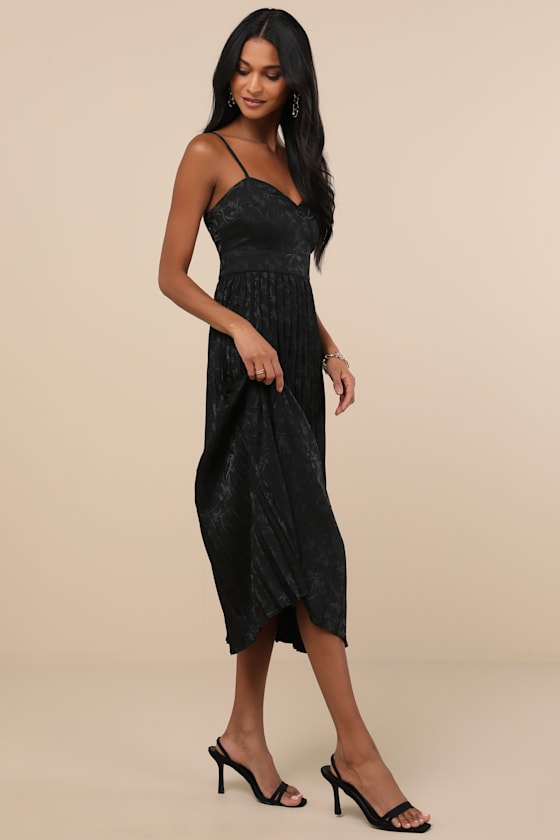 Regal Romance Emerald Floral Jacquard Pleated Satin Midi Dress